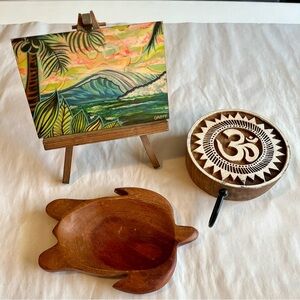 Vintage Beach Wood Decor Bundle of 4; Mini Painting Easel, Turtle Dish, Om Hook